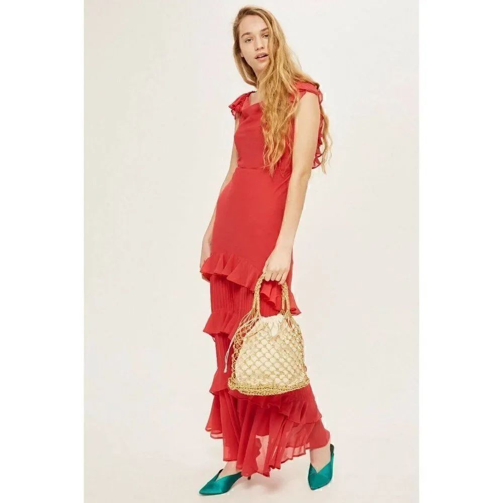 NWT TOPSHOP Sz US 4 UK 8 TIERED RUFFLE SKIRT MAXI DRESS RED $320
